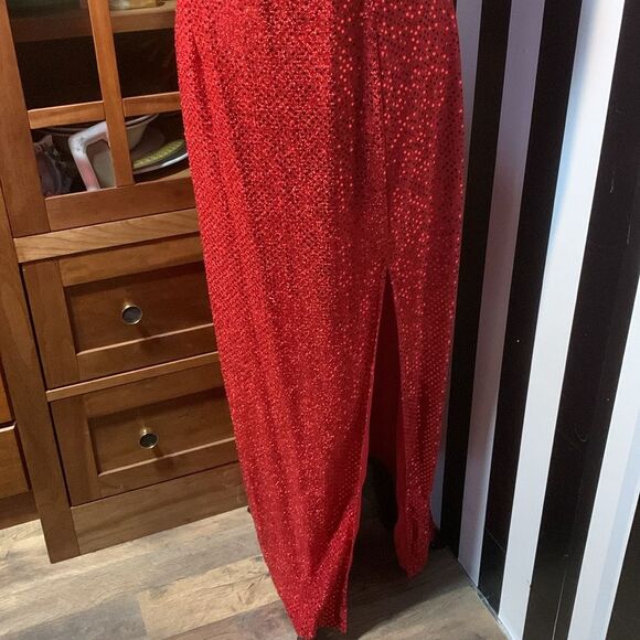 Sexy Retro Vintage 90s Red Sequin Floor Length Formal Gown Halter Neck Leg Slit - Picture 3 of 16